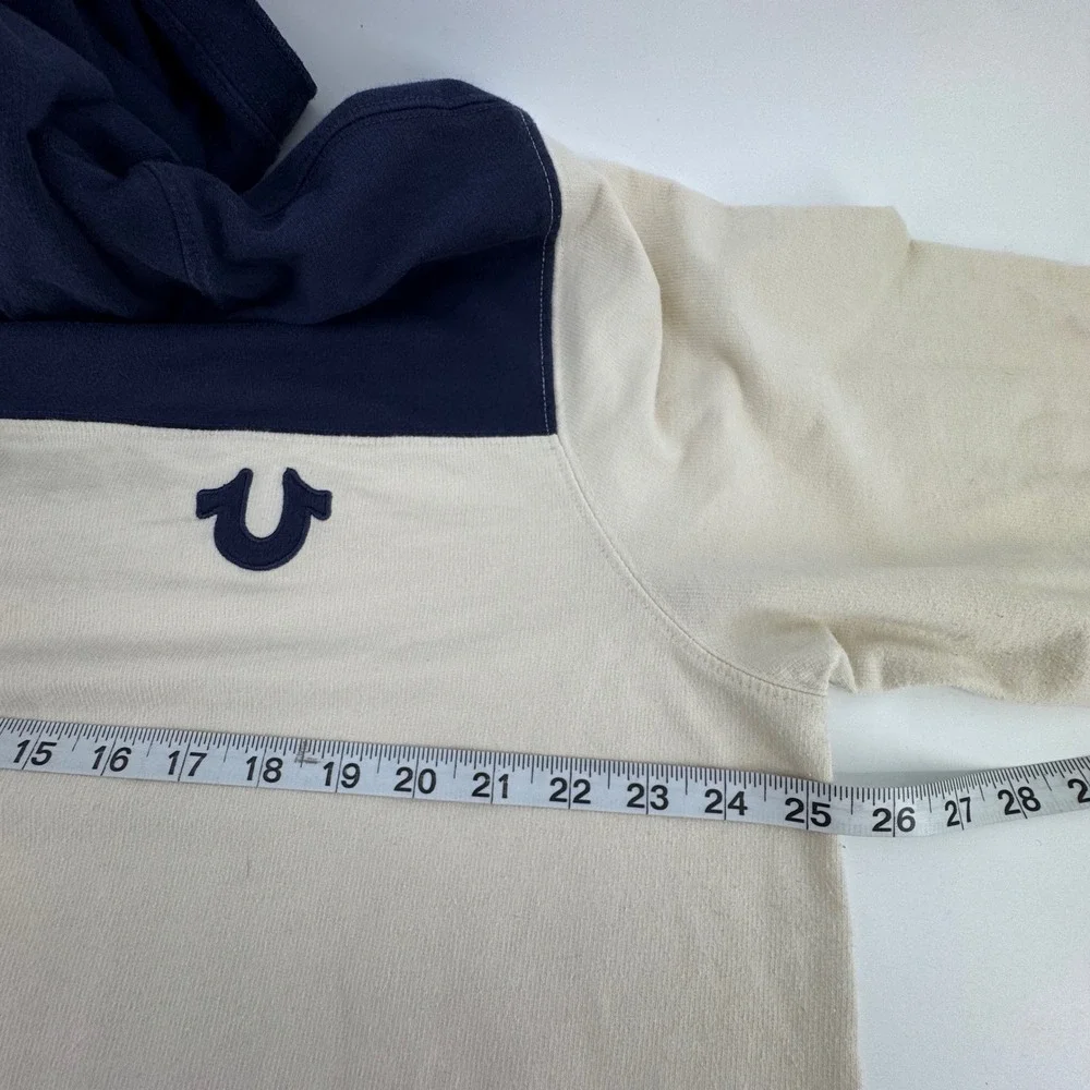 True Religion Henley Hoodie Mens XXXL Navy Cream Colorblock Horseshoe Logo